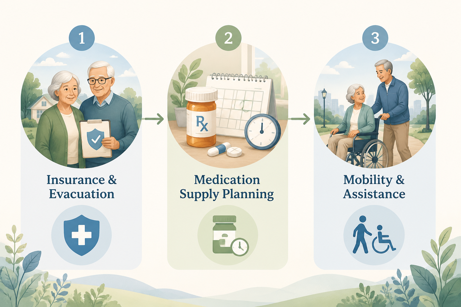 Three-step illustration showing insurance and evacuation, medication supply planning, and mobility assistance