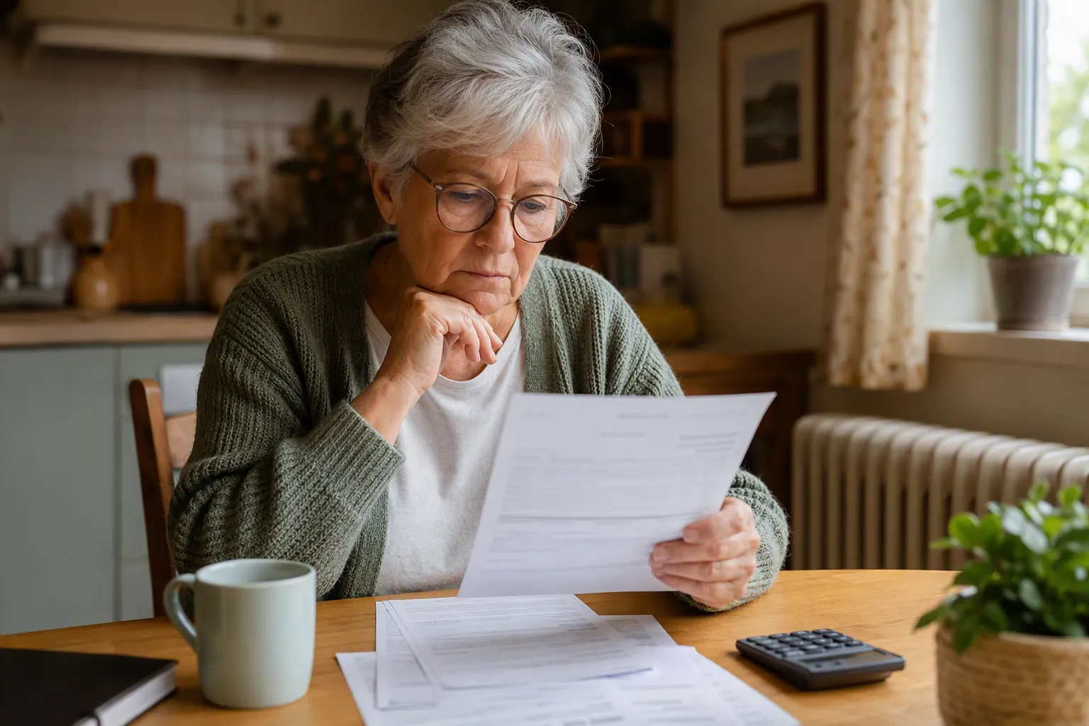 Senior woman reviewing a utility bill at a kitchen table