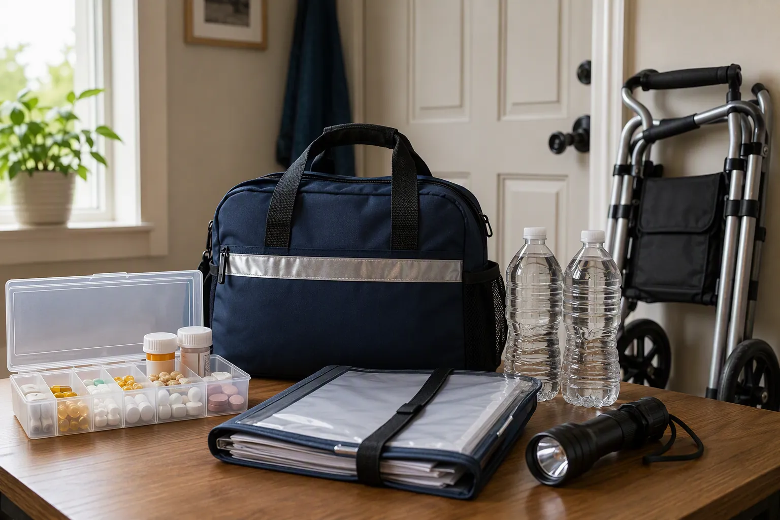 Medication organizer, reflective go-bag, wheeled walker, waterproof document binder, water bottles, and flashlight arranged near a door