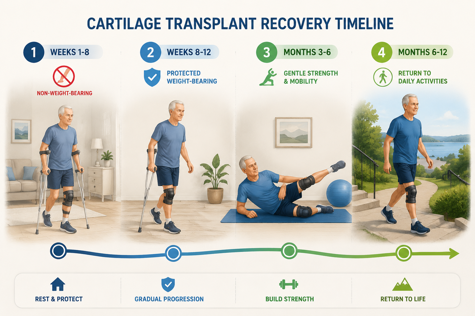 Timeline of cartilage transplant recovery from non-weight-bearing through return to activity over 6 to 12 months