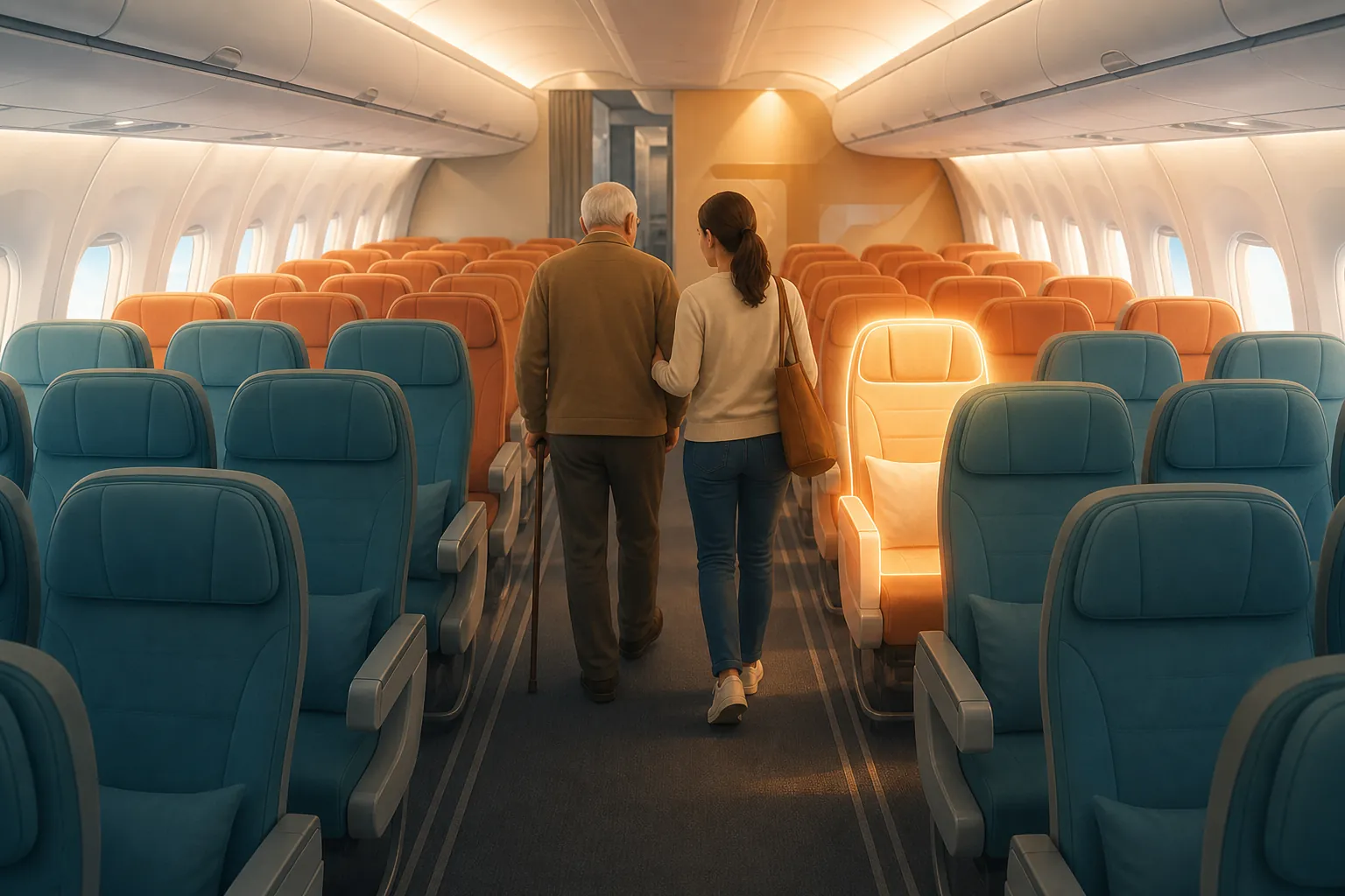 Airplane cabin aisle with highlighted front rows and a mature traveler using a cane walking with a younger companion