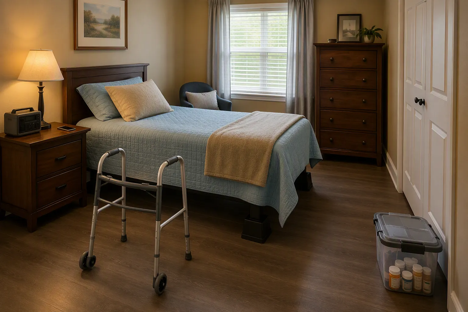 Prepared elderly bedroom with bedside lamp, backup battery pack, phone, walker path, and waterproof medication container