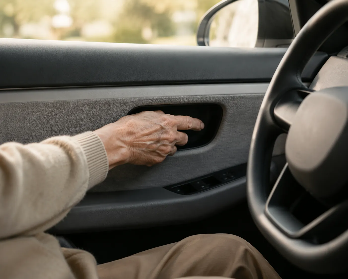Senior driver reaching toward the interior door panel area of a modern electric vehicle