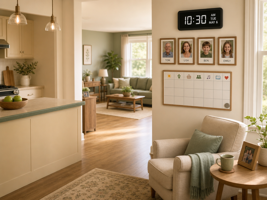 A calm, familiar kitchen and living room designed for an older adult with cognitive needs. Open layout with clear sightlines, a kitchen counter with a contrasting colored edge, a large digital wall clock, a family photo wall, a simple weekly calendar whiteboard with icons, and consistent floor color between rooms.
