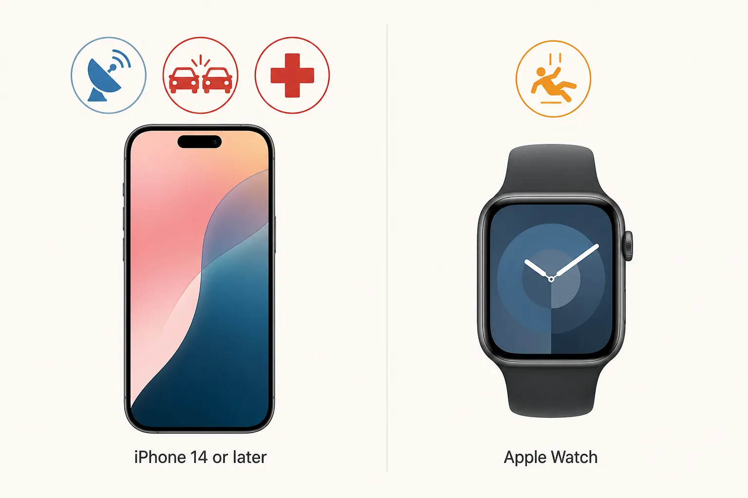 Infographic separating iPhone safety features from Apple Watch Fall Detection