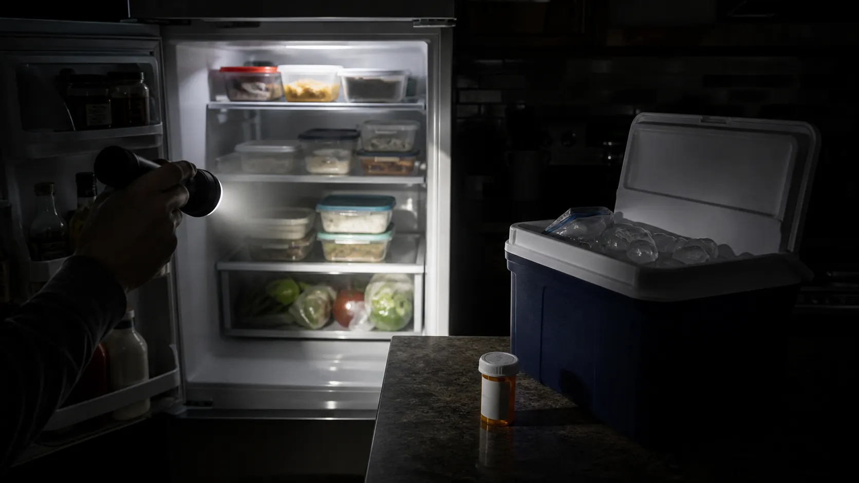 Flashlight shining into an open refrigerator with a cooler, ice, and a prescription bottle on the counter