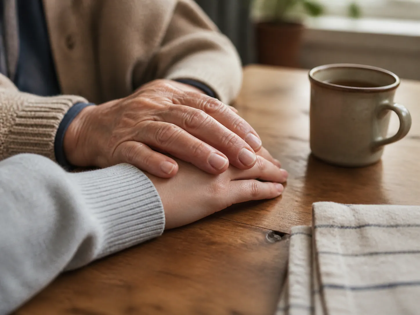 An older person's hand resting on a younger adult's hand beside a mug of tea on a kitchen table