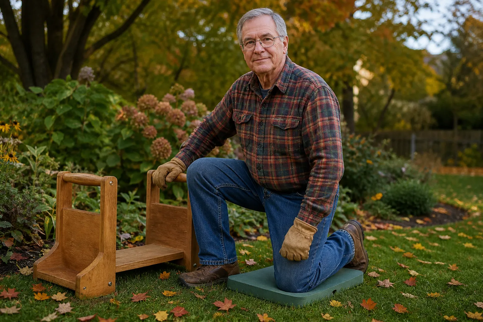 Senior man kneeling with one knee on a foam pad and one knee bent while using a kneeling bench with handles
