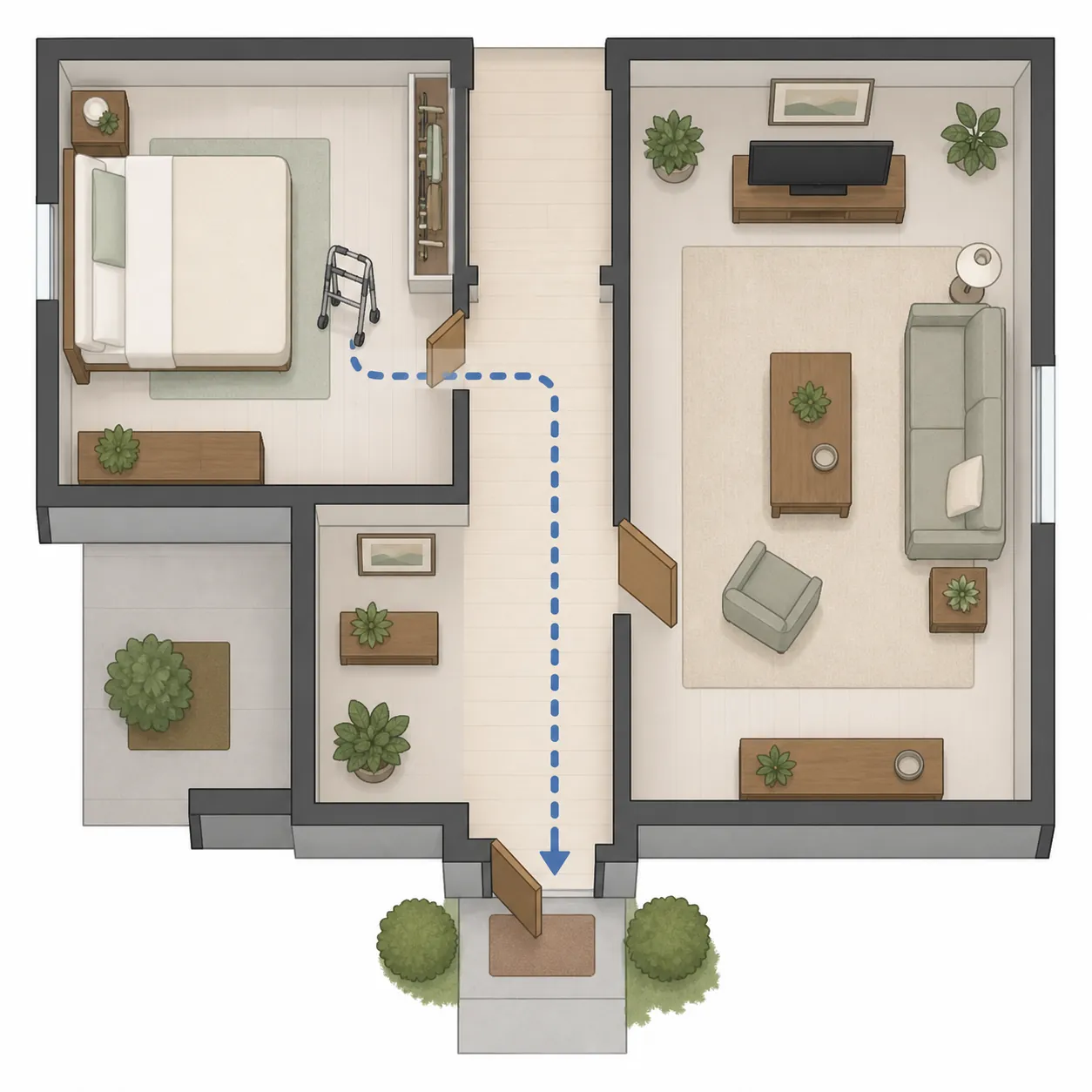 Home floor plan showing a clear walking route from a bedroom with a walker to the front door