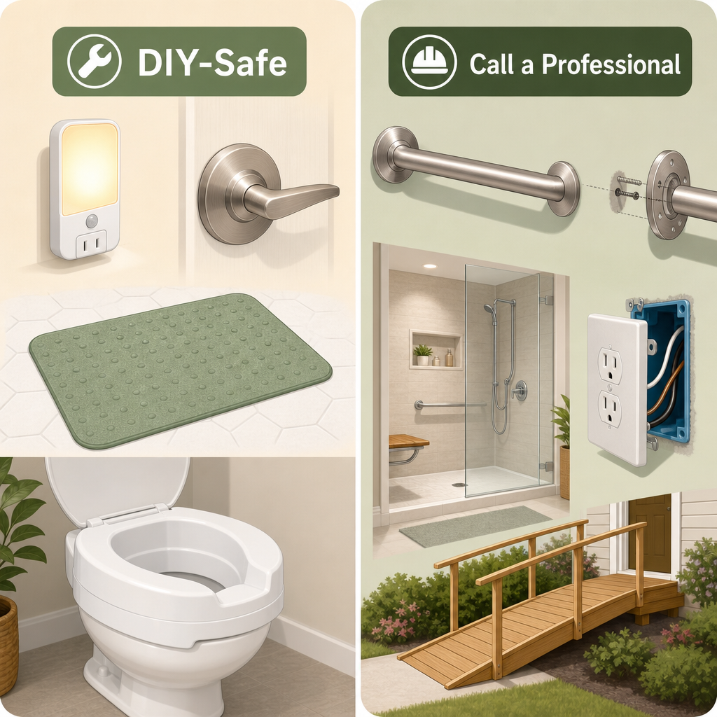 Split comparison illustration grouping DIY-safe items (nightlight, lever door handle, non-slip mat, toilet riser) on the left and professional-required items (grab bar with bracket detail, walk-in shower, electrical outlet, wooden ramp) on the right.