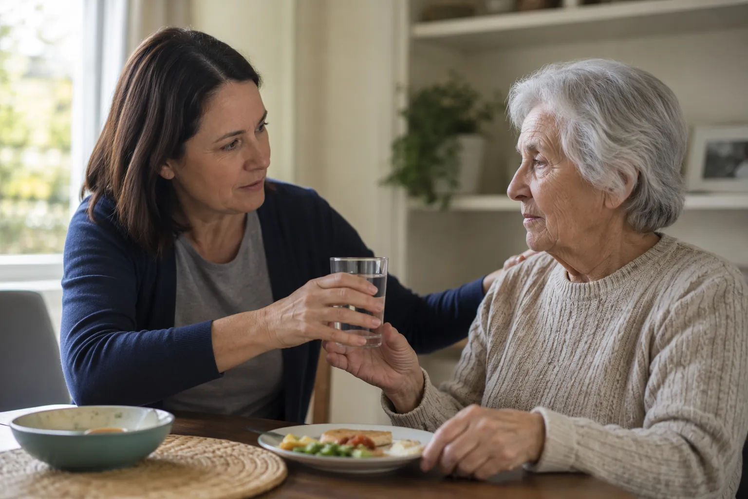 Caregiver handing a glass of water to an older adult at a dining table