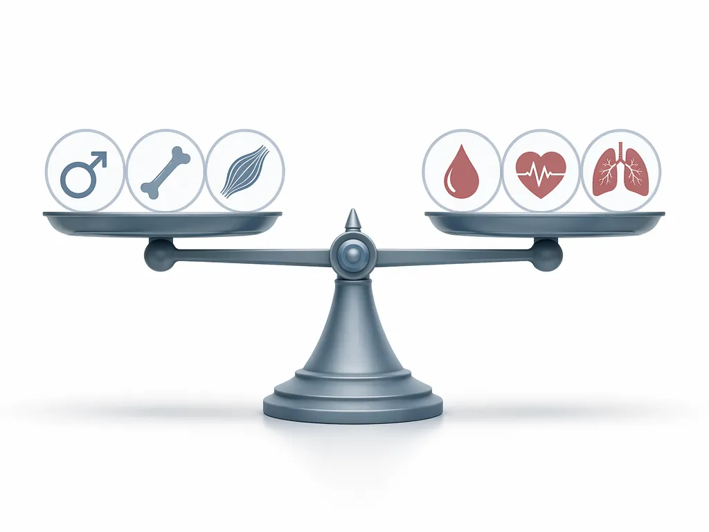 Balanced medical scale comparing testosterone therapy benefits and risks