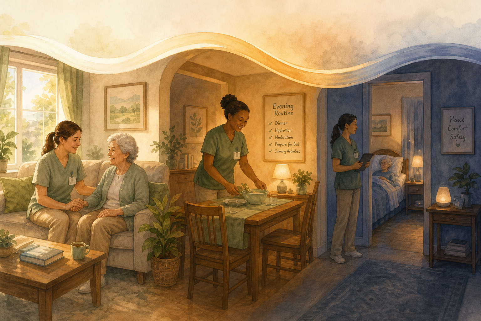 A digital illustration flowing through a home across day, evening, and night scenes: a sunlit living room with a caregiver engaged with an elderly person, a warm lamp-lit dining room with a second caregiver handling evening routine, and a softly lit hallway with a third caregiver awake and monitoring.