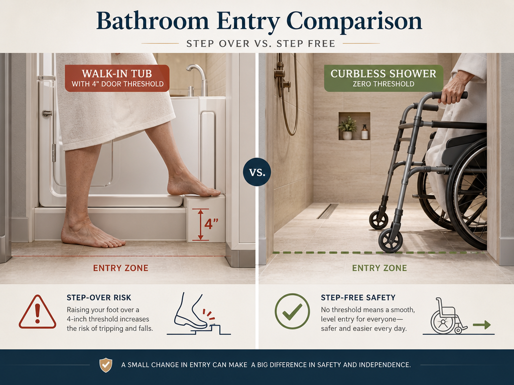 Side-by-side cross-section comparison: left shows a walk-in tub with a 4-inch door threshold requiring a step-over by an older adult with a fall-risk indicator; right shows a curbless shower with zero threshold allowing a walker to roll in smoothly at floor level with a safety checkmark.