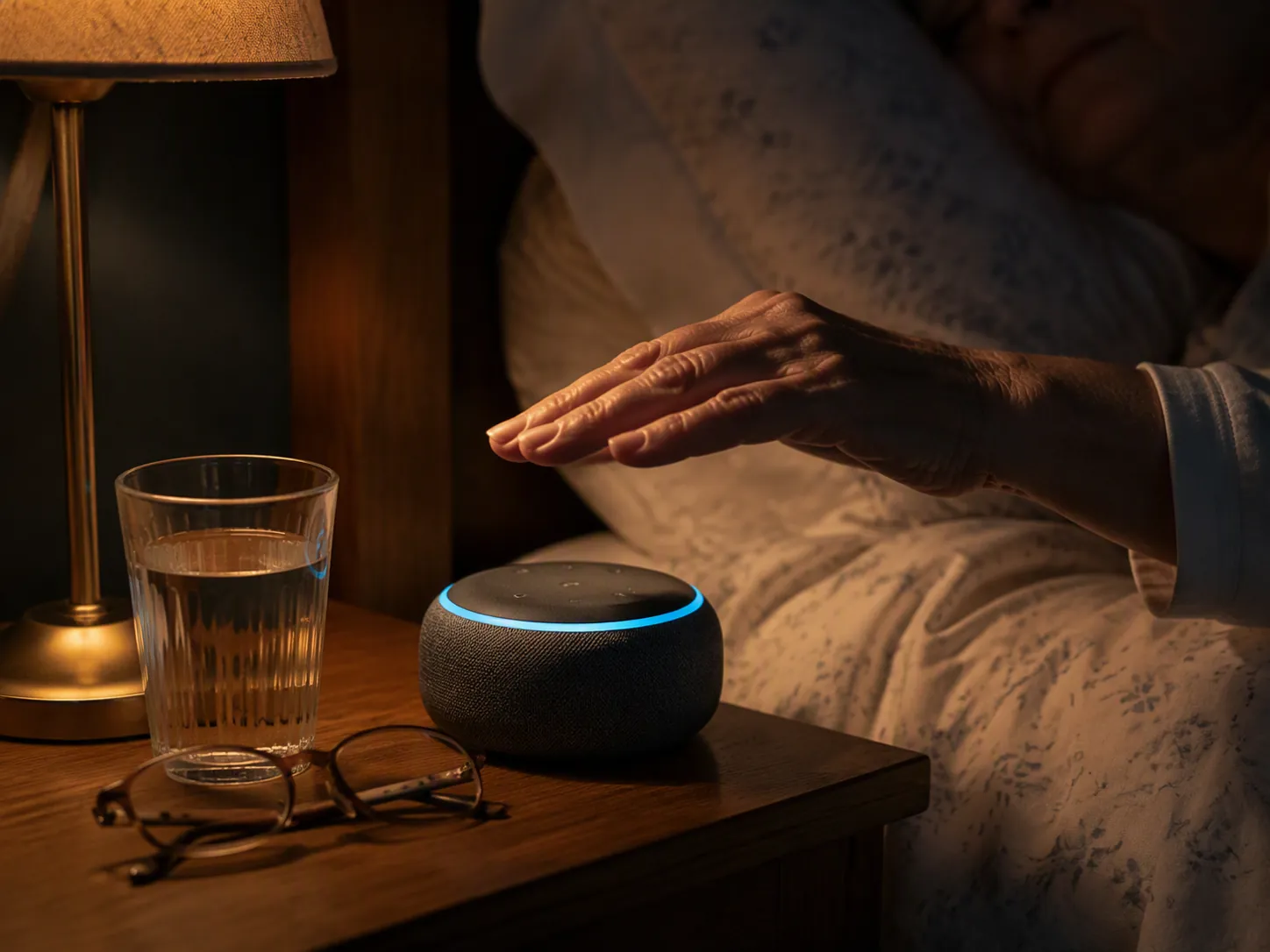 Older adult reaching toward a smart speaker on a bedside table at night