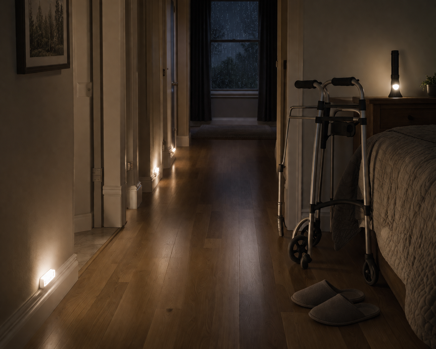 Prepared hallway during a storm blackout with battery nightlights, a walker near the bed, non-slip slippers, and a clear path
