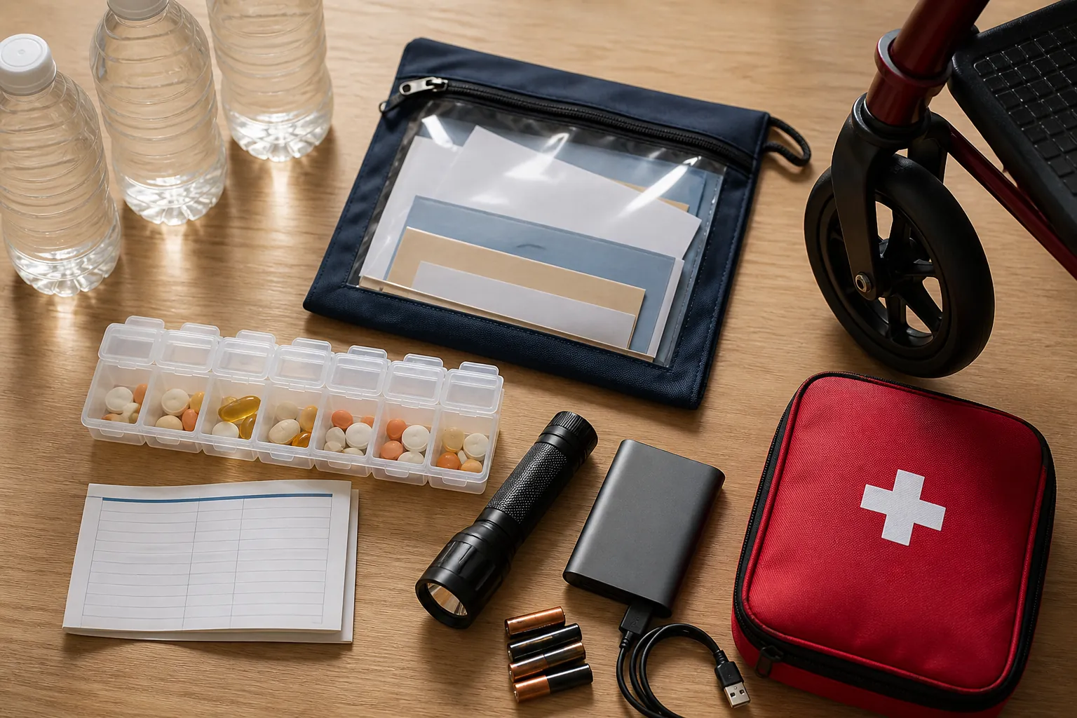 Senior storm-preparedness kit with medications, documents, flashlight, batteries, power bank, water, first-aid kit, and rollator wheel