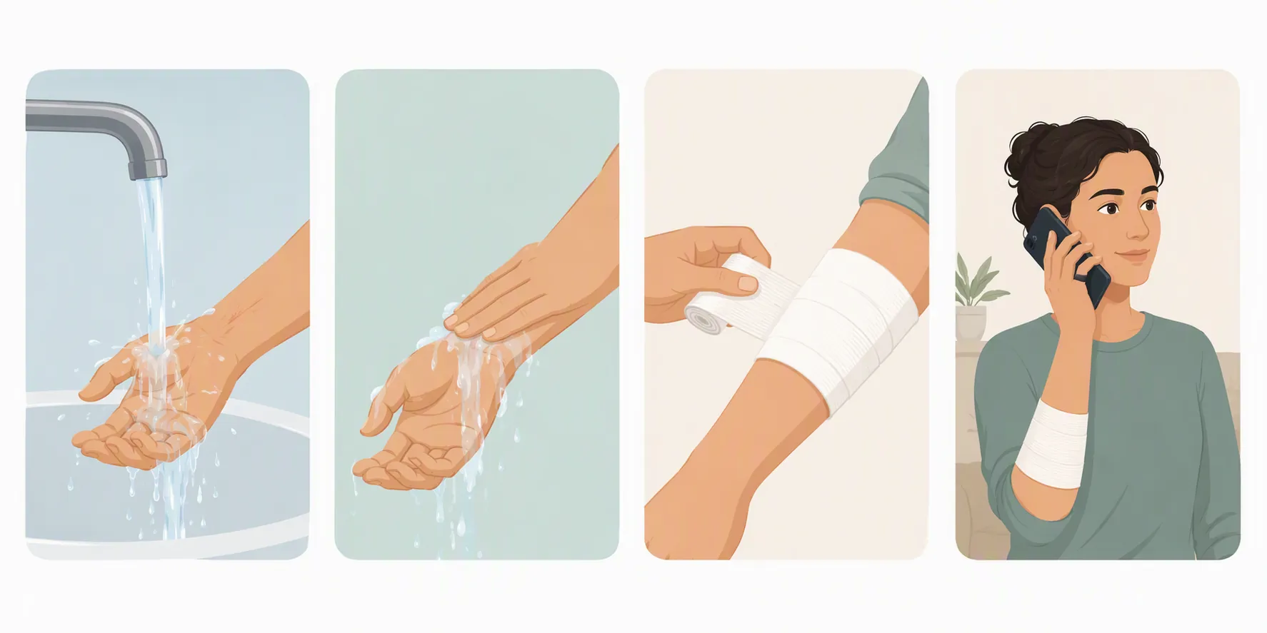 Four-panel illustration showing burn care steps: running water, gentle rinsing, clean dressing, and making a phone call
