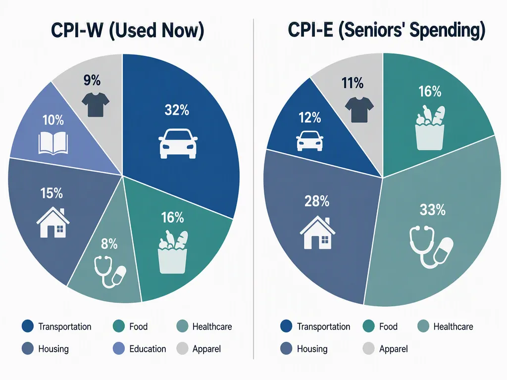 Side-by-side pie charts showing CPI-W with a smaller healthcare slice and CPI-E with larger healthcare and housing slices
