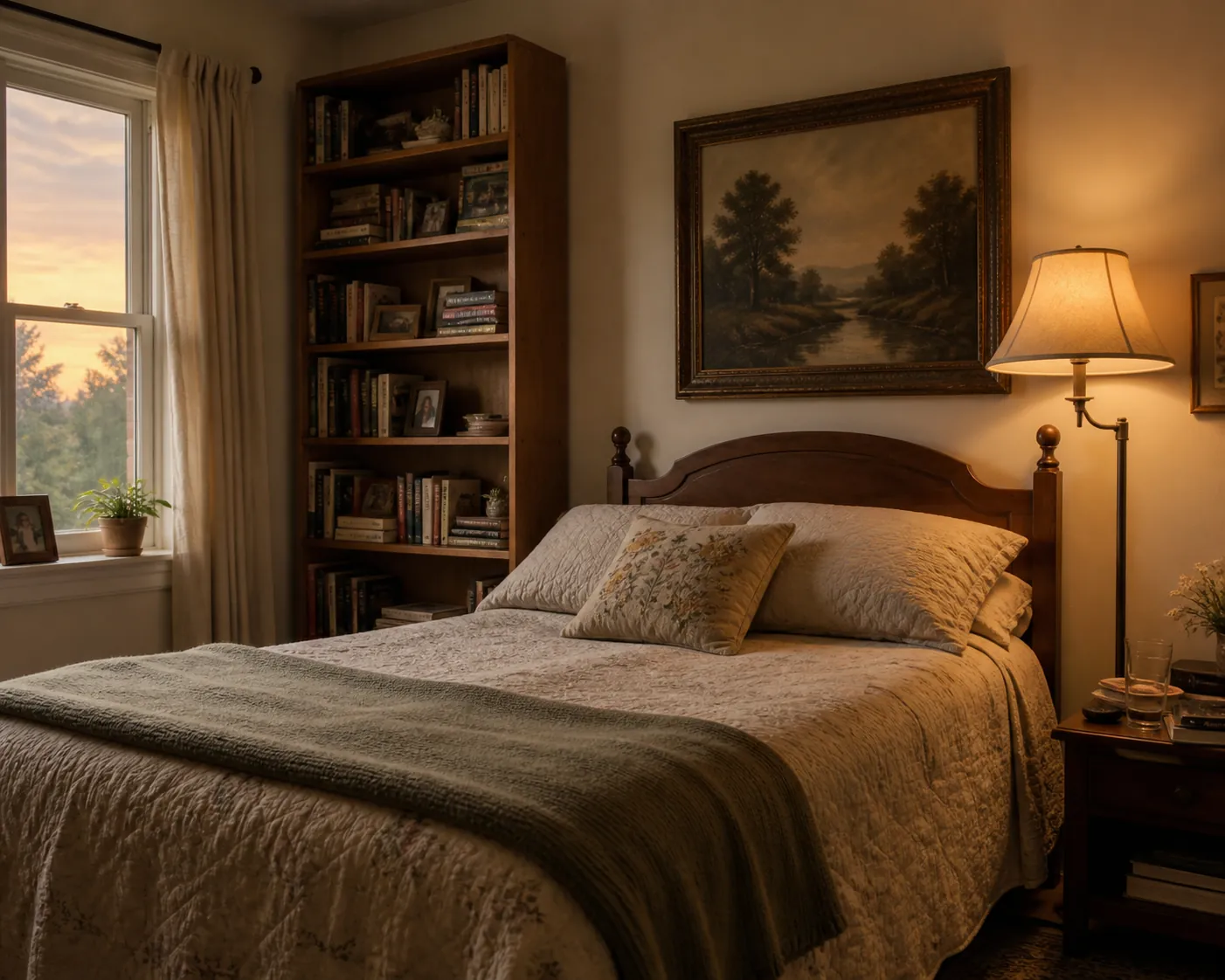 Older adult bedroom with a bed near a window, tall bookshelf, heavy framed picture, and floor lamp