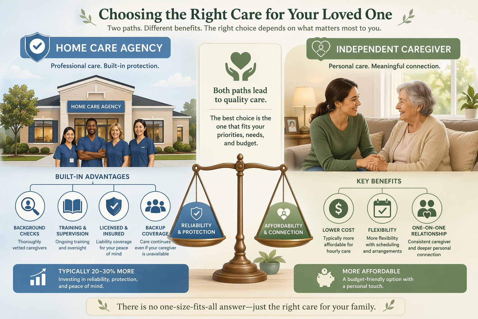 Comparison illustration showing a home care agency on the left with a building, shield icon, and network connections representing background checks, training, insurance, and backup coverage, and an independent caregiver on the right with a single helper and senior with a personal connection symbol, with a balanced scale between them.