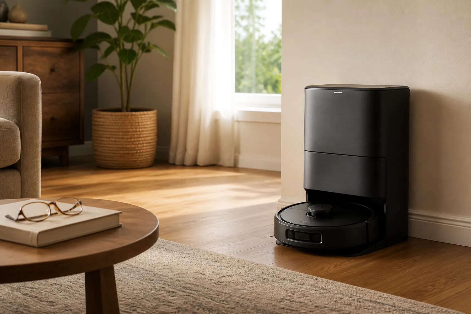 Robot vacuum parked at a self-emptying docking station in a clean living room