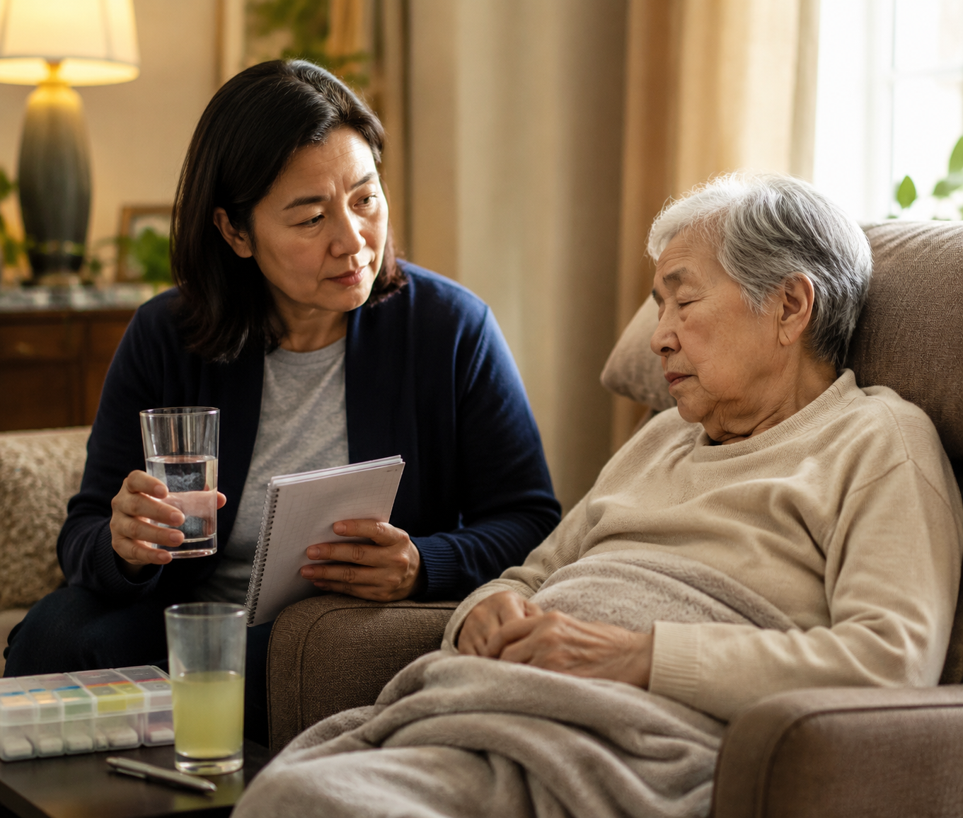 Family caregiver offering water and keeping a monitoring notebook beside an older adult at home