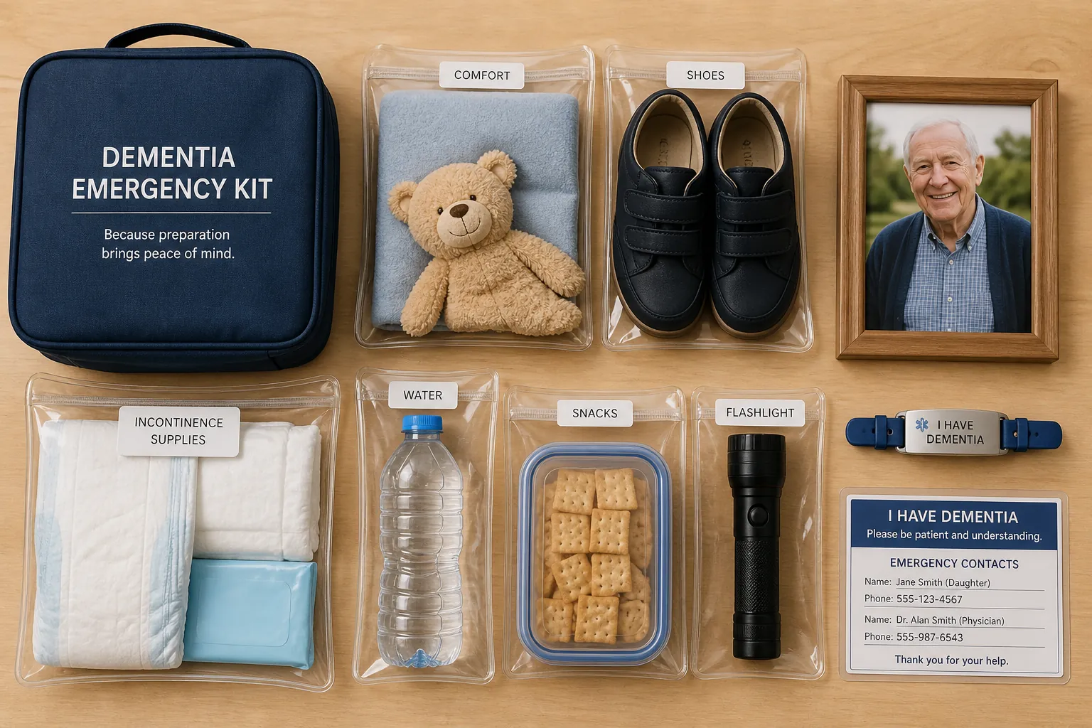 Dementia-specific emergency kit with comfort blanket, Velcro shoes, recent photo, medical ID bracelet, incontinence supplies, water, snacks, flashlight, and emergency contact card