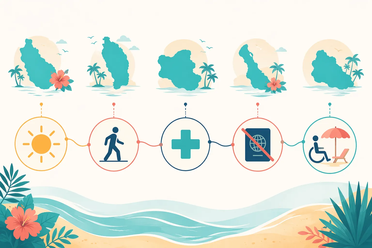Infographic of Caribbean islands matched to weather, walkability, healthcare, no-passport convenience, and accessible resort priorities