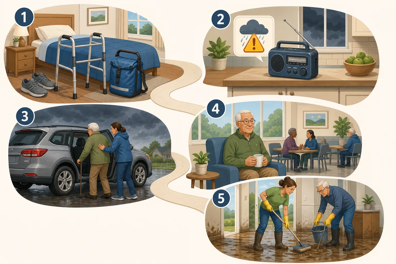 Five-scene illustration of flood preparedness from staging supplies to evacuation and cleanup