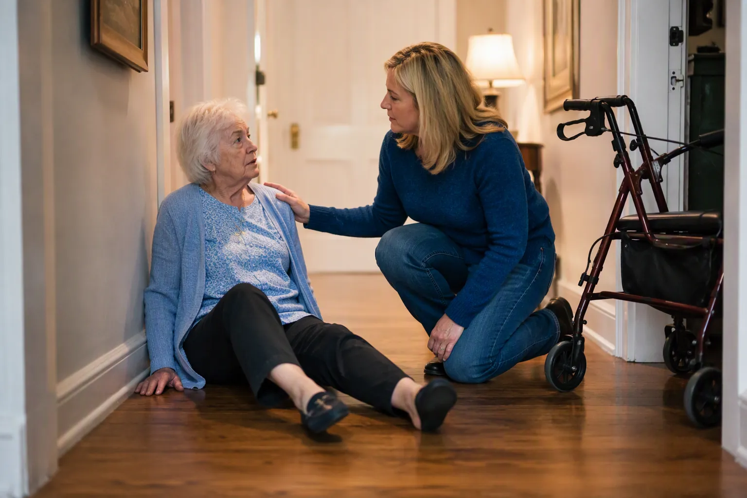 Older woman seated on the hallway floor after a slip while a caregiver kneels beside her and checks on her calmly