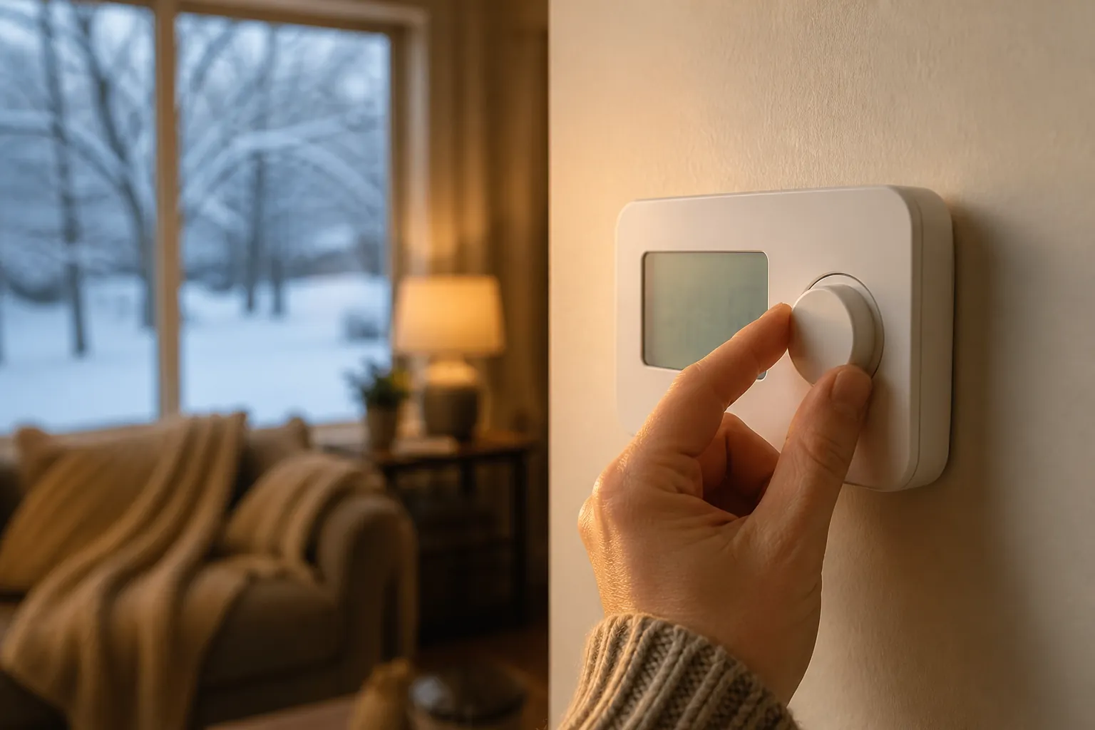Hand turning up a wall thermostat in a warm living room during snowy winter weather