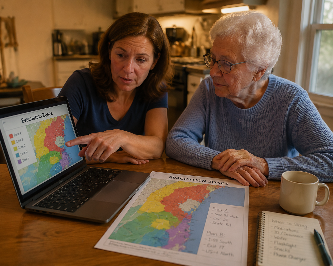 Adult child and elderly parent reviewing a color-coded evacuation zone map at a kitchen table