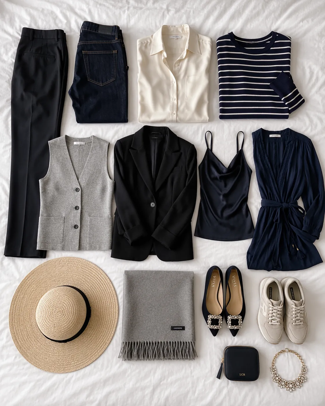Ten coordinated travel wardrobe pieces are laid out with jeweled flats, walking shoes, jewelry, and a sun hat