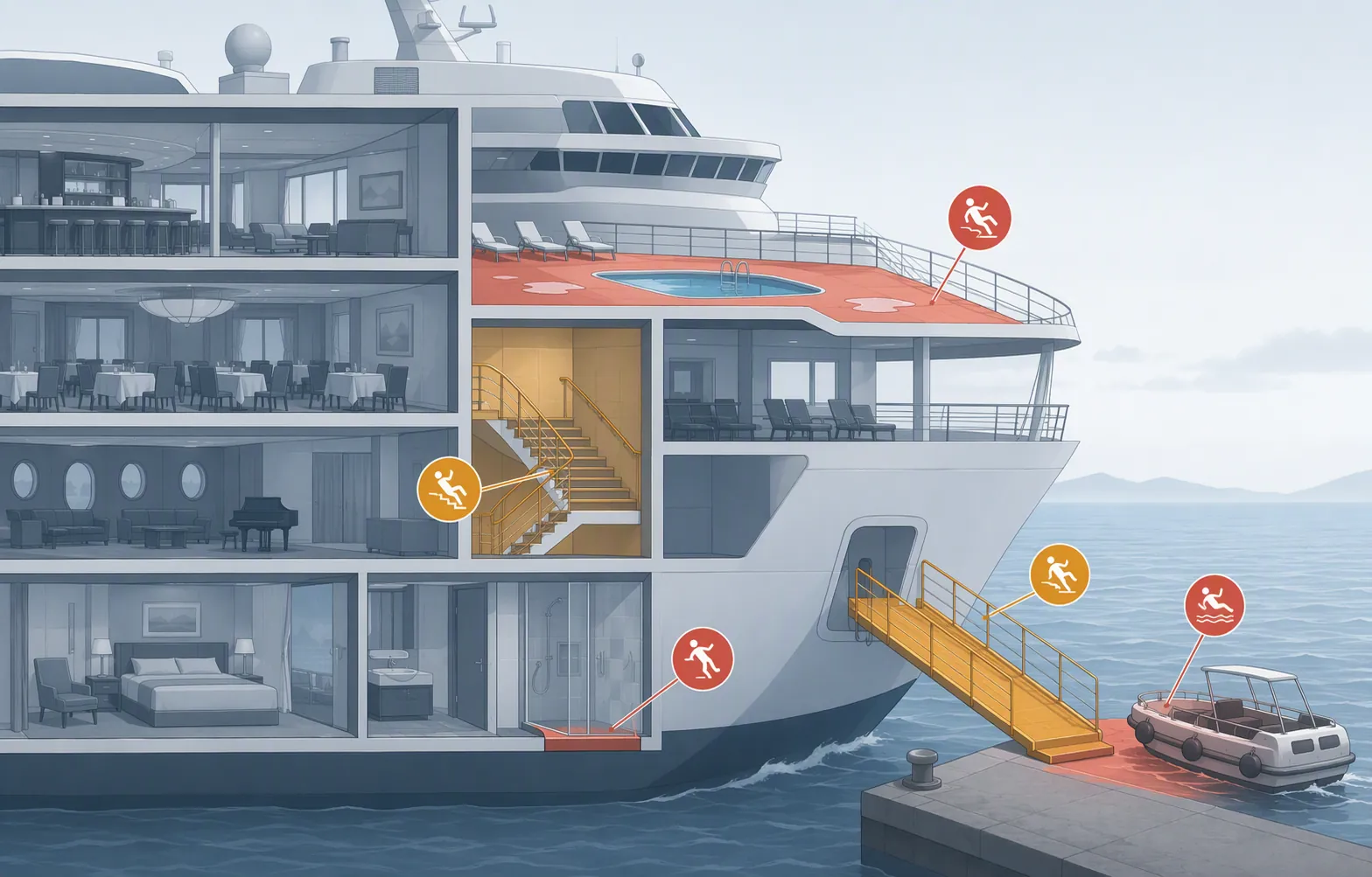 Cutaway illustration of a cruise ship highlighting stairwells, wet decks, gangways, tender boats, and cabin bathroom thresholds as fall-hazard zones