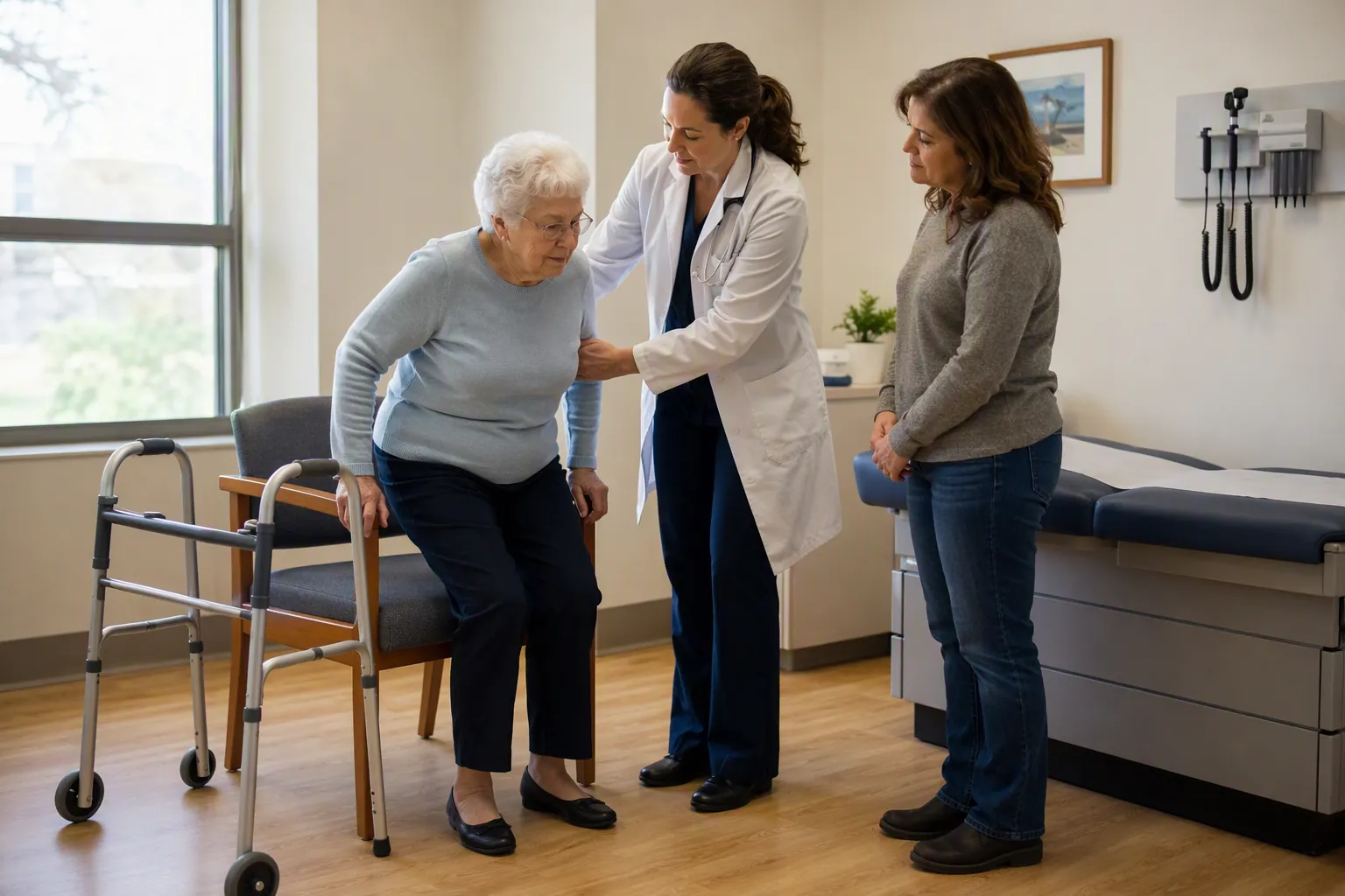 Family physician guiding an elderly patient through a standing balance screen while an adult daughter watches
