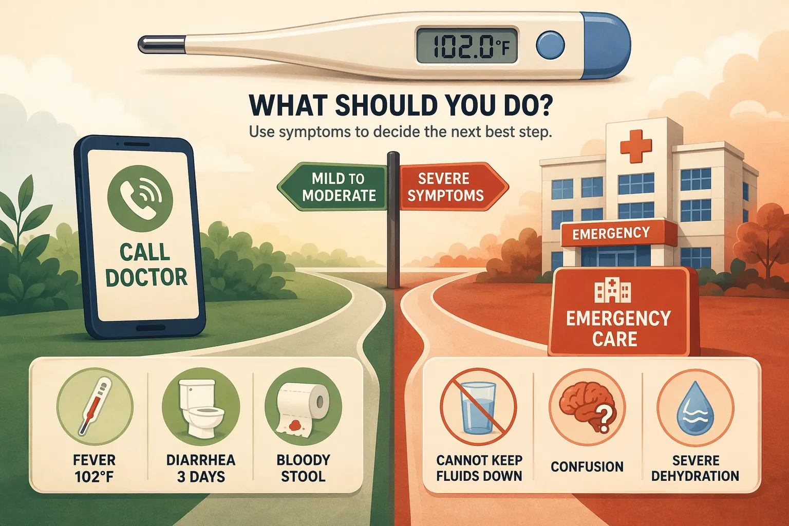 Symptom guide showing when to call a doctor or seek emergency care for foodborne illness