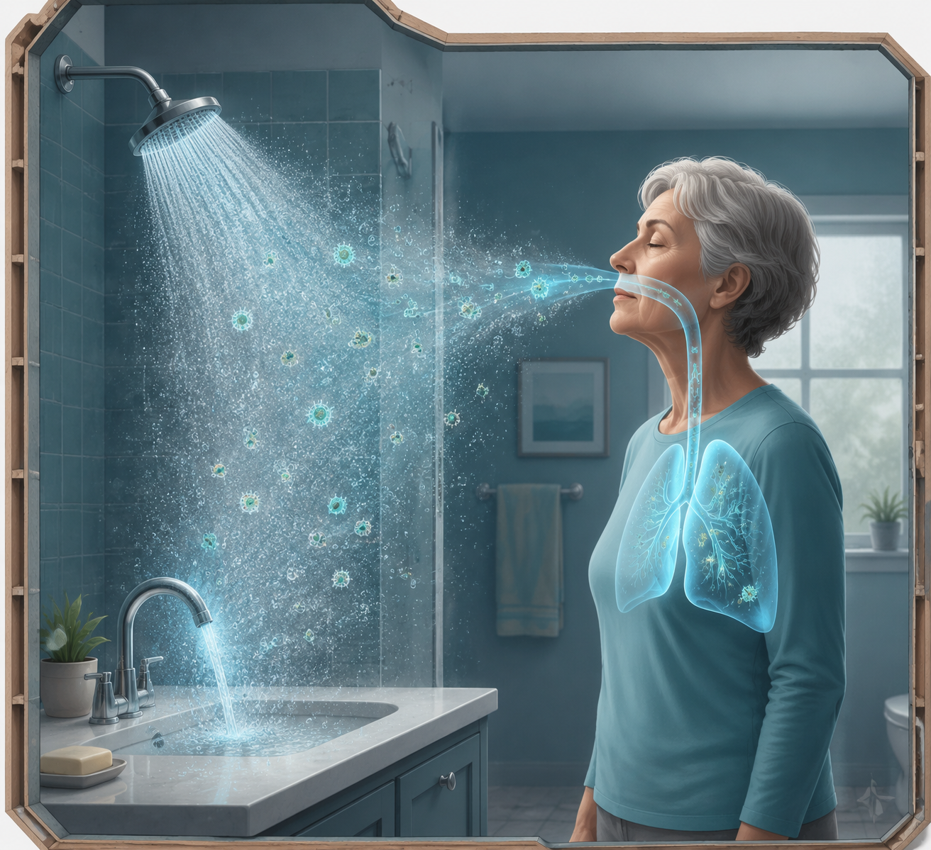 Cross-section illustration of a bathroom shower and faucet releasing aerosolized water droplets near an older adult