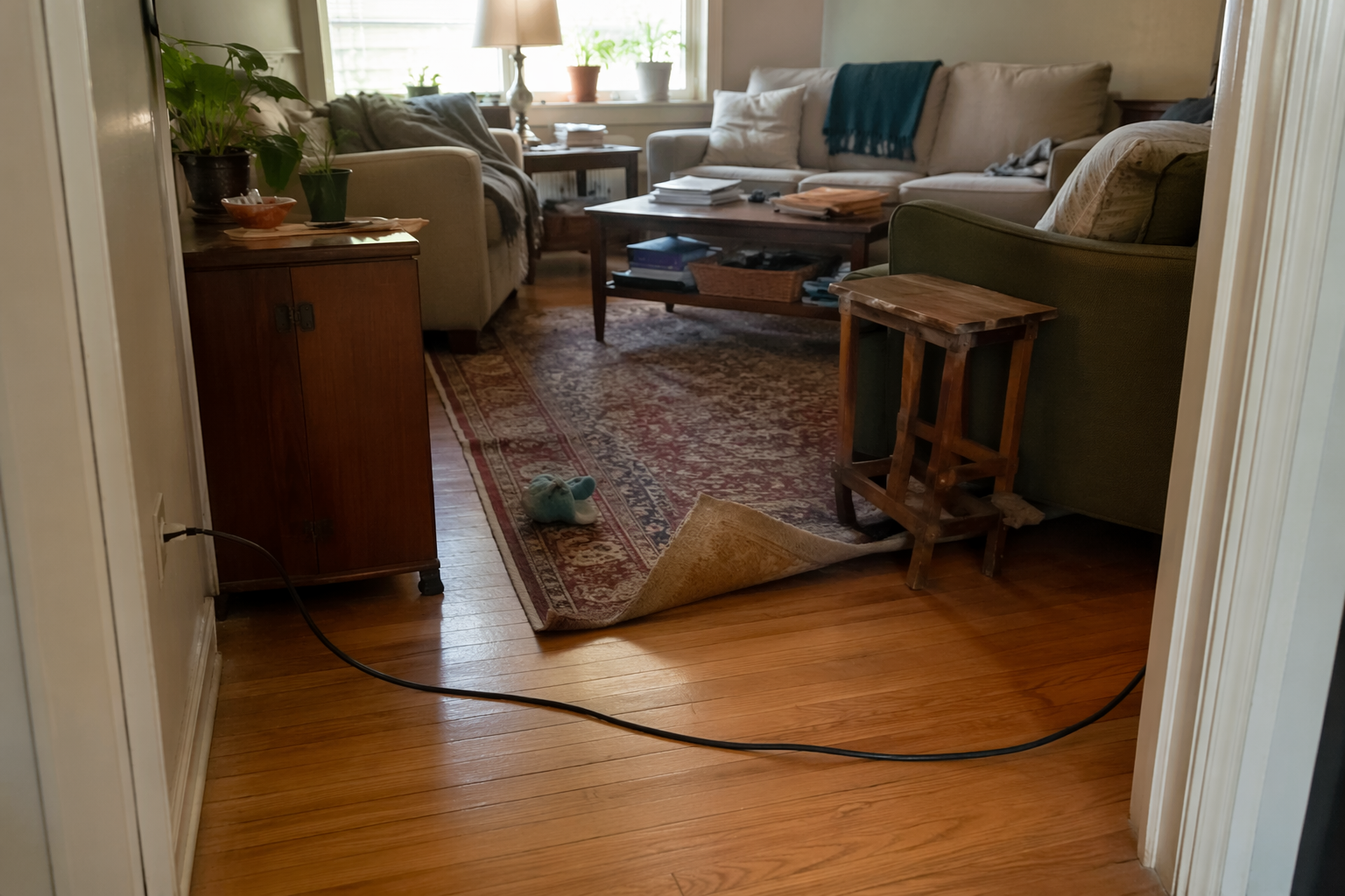 Living room with a curled rug edge, an electrical cord across the walkway, and clutter near a coffee table