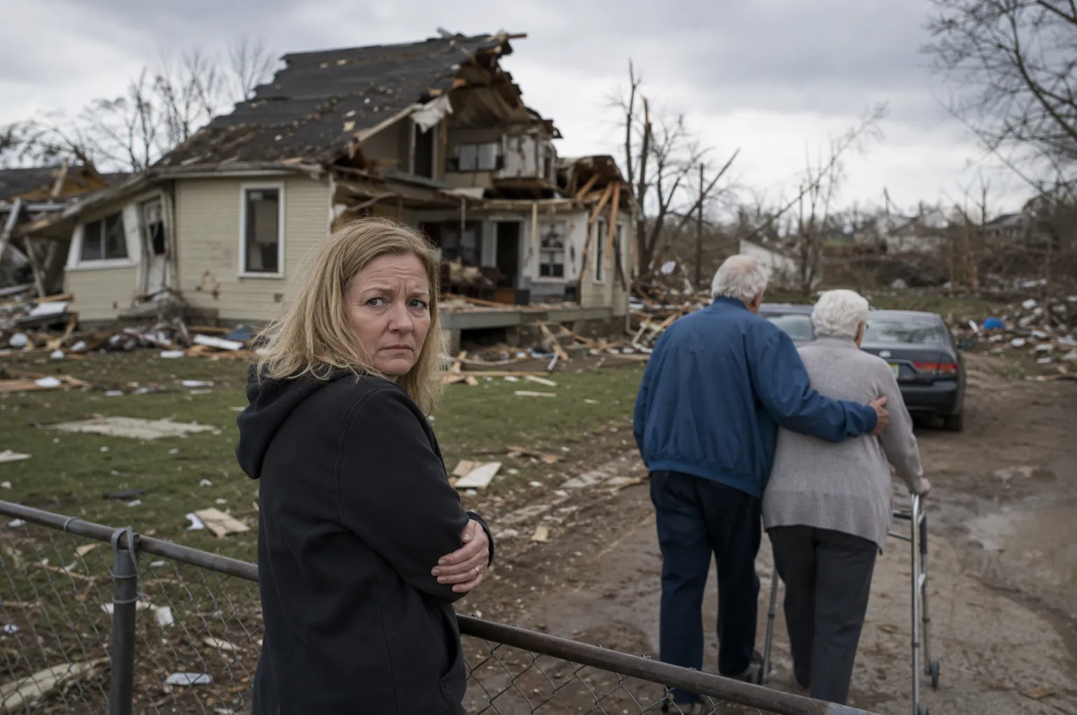 A tornado-damaged house with debris in the yard as an older couple with a walker is led away from the property