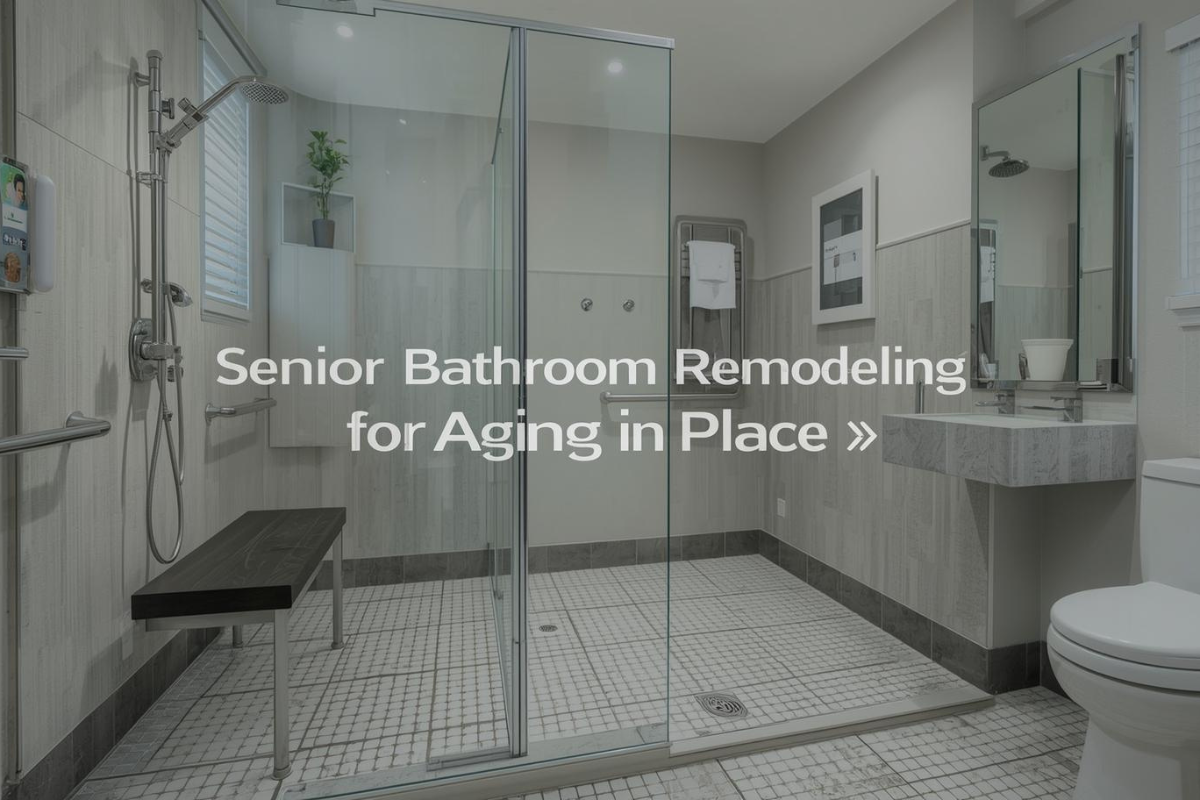Bright modern bathroom with curbless walk-in shower, clear glass enclosure, built-in corner bench, horizontal grab bar on shower wall, and large-format non-slip tile that flows continuously from bathroom floor into shower without a threshold.