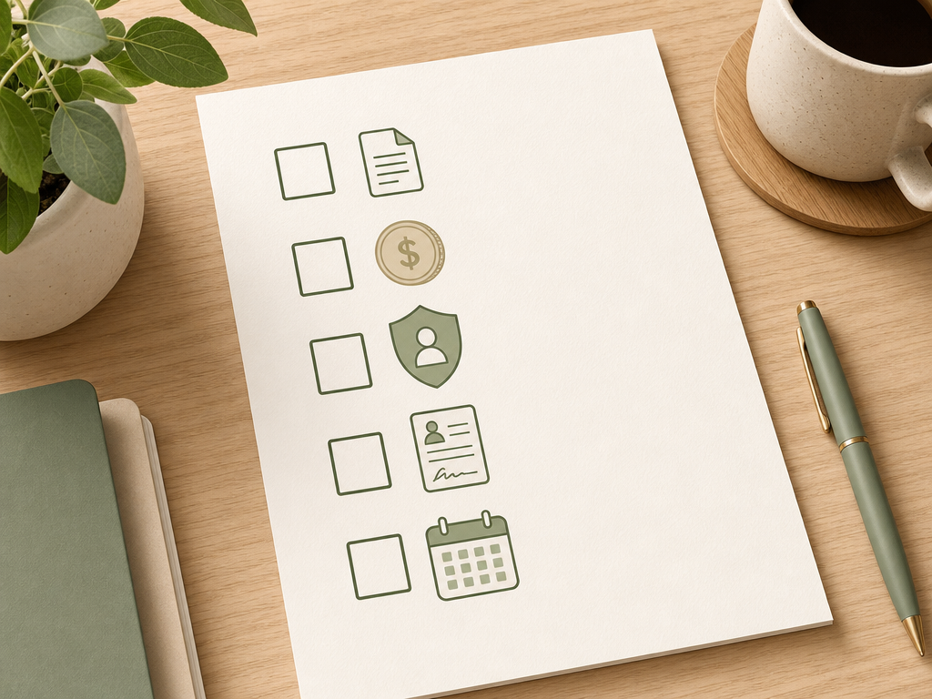 A vertical checklist with five unchecked boxes paired with icons for EIN, payroll, workers' comp, I-9, and backup care.