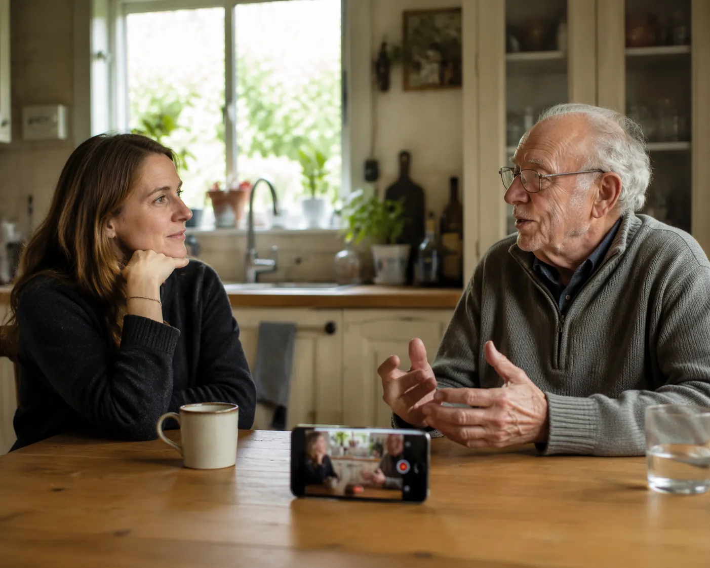 An adult daughter listens to her elderly father at a kitchen table with a smartphone between them
