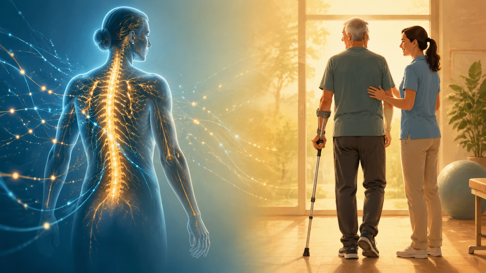 Illustration comparing nerve healing with adapted mobility and functional independence