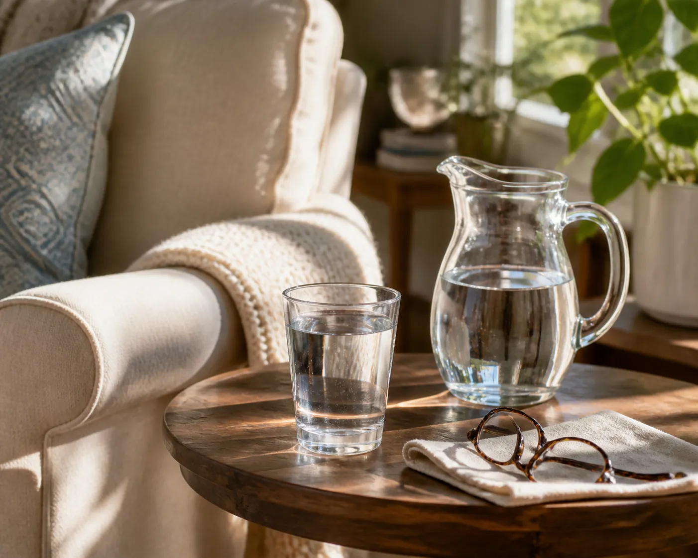 Glass of water and pitcher on a side table beside an armchair