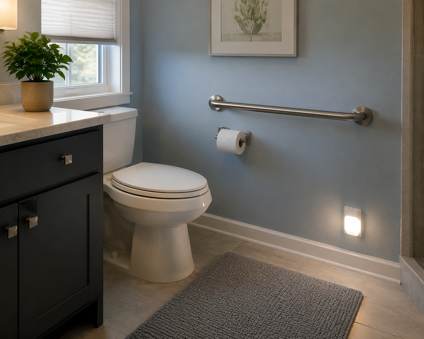 Elderly-safe bathroom with grab bar beside the toilet, non-slip bath mat, emergency nightlight, and clear floor