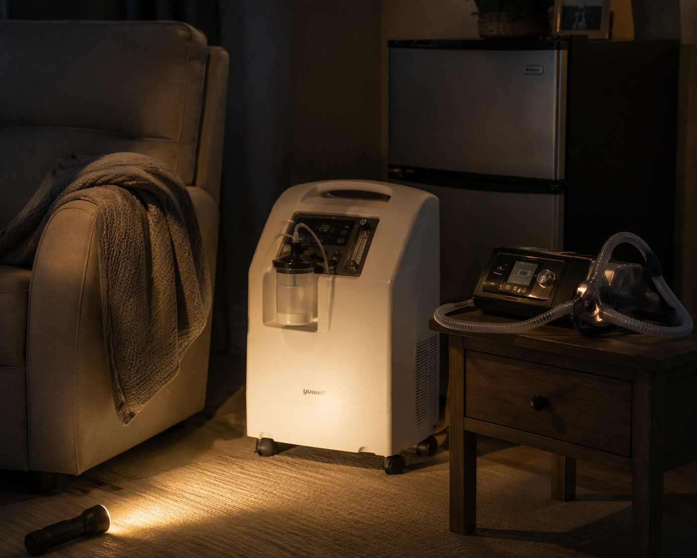 Dimly lit living room with oxygen concentrator, CPAP machine, medication refrigerator, and flashlight