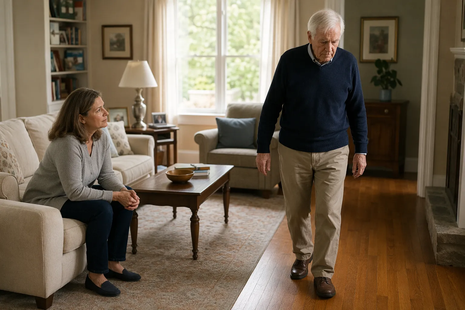 Adult daughter watching an elderly father walk with subtle one-sided foot drag and arm stiffness