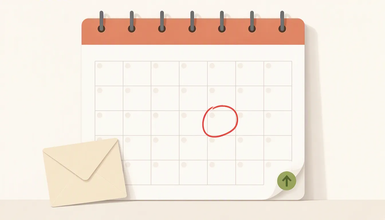 Wall calendar with one date circled, an envelope, and a small green upward arrow sticker