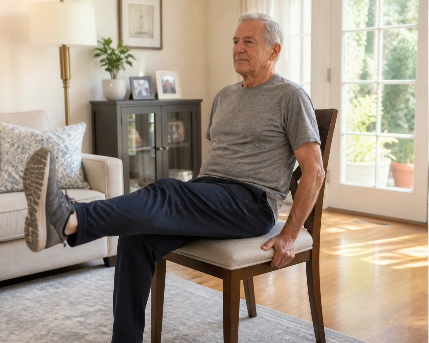 Senior man doing a seated leg extension at home to strengthen the thigh during knee rehabilitation